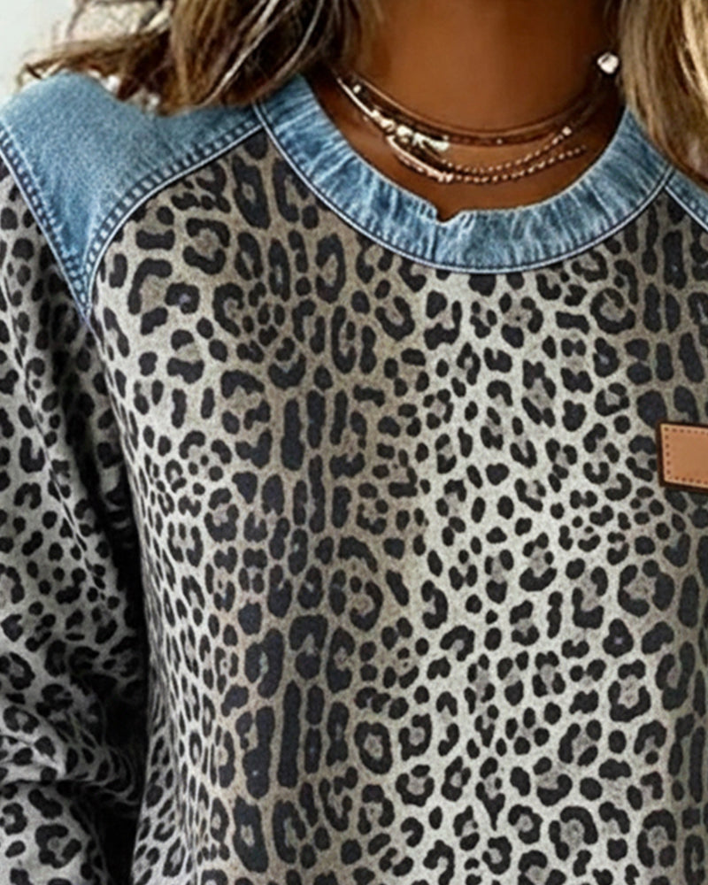 Women's Leopard Print Sweater with Denim Patchwork Detailing