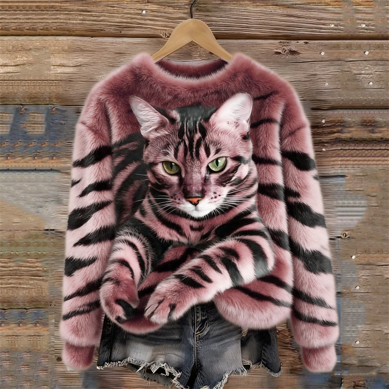 Women's Plush Sweatshirt with Tiger and Kitten Print for Winter