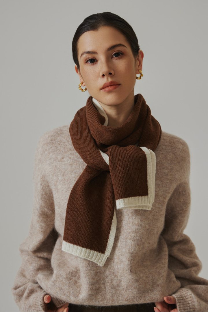 Women's Lamb Wool Scarf with Ivory Border and Slim Shape