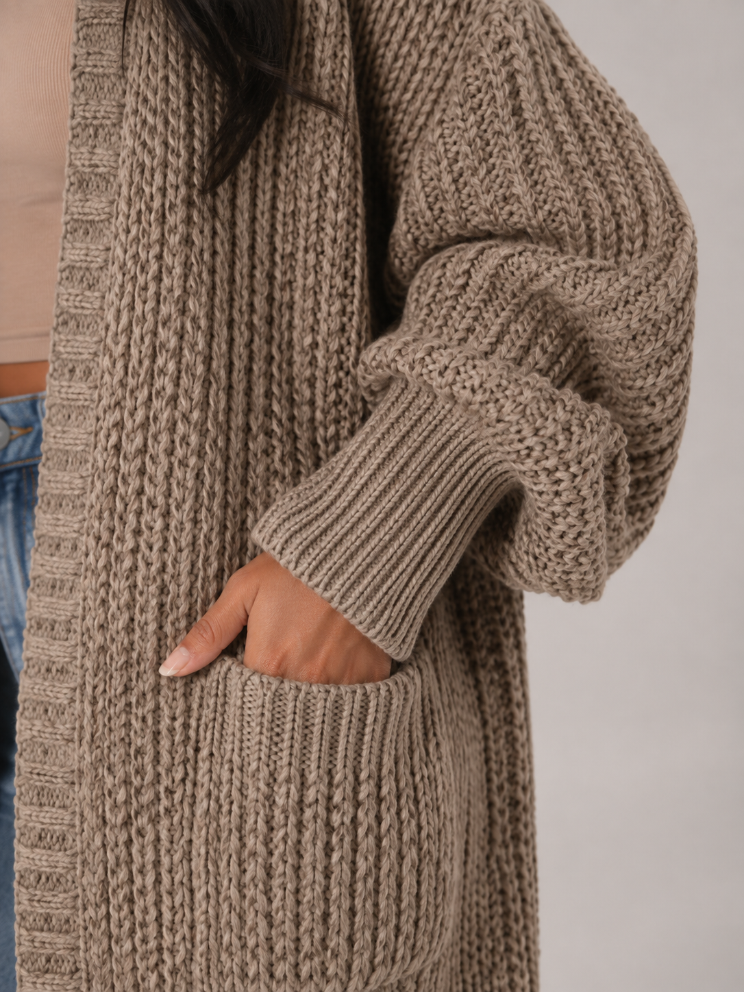Chunky strikket duster-cardigan til dame med åpen front og lommer