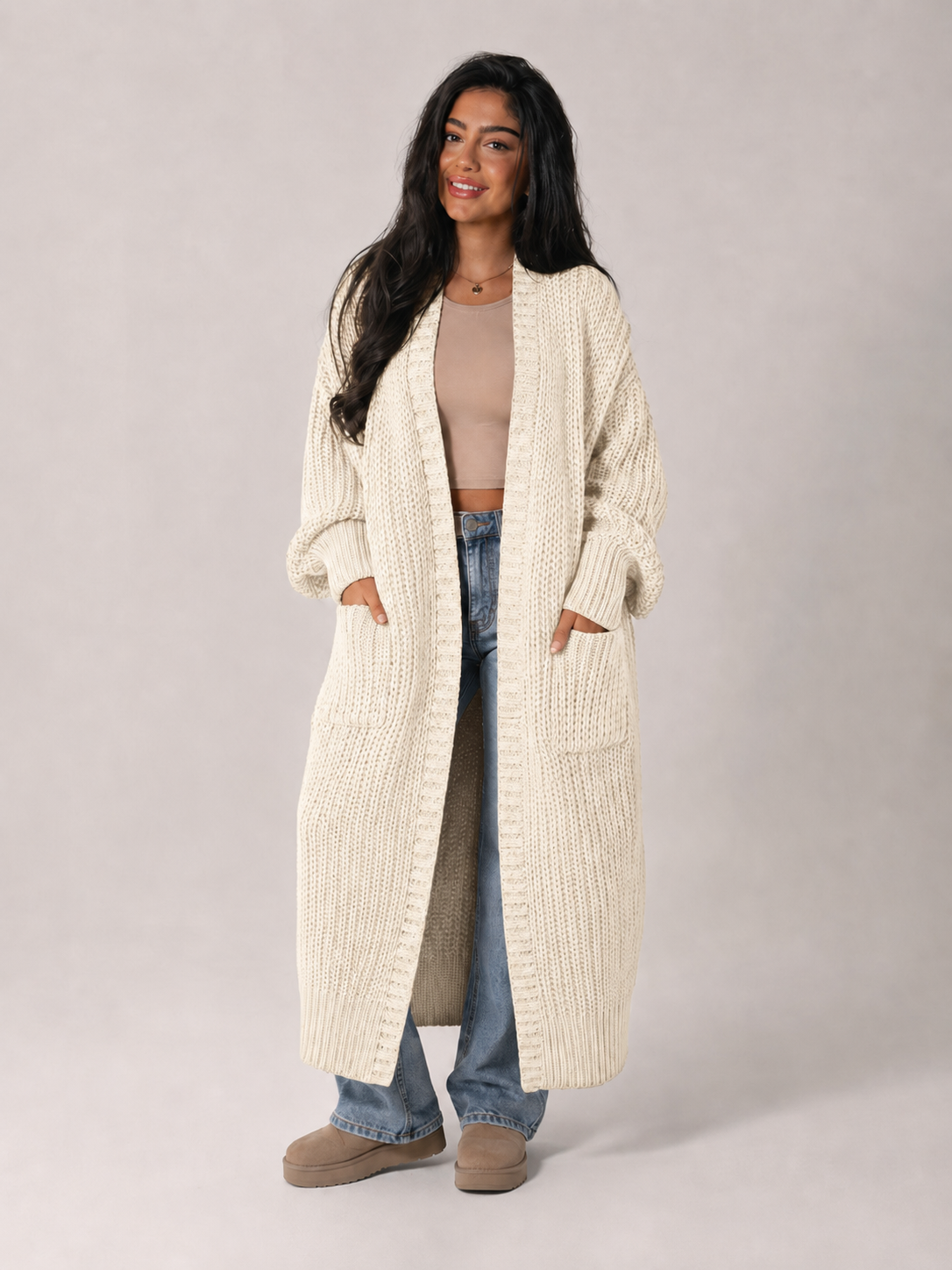 Chunky strikket duster-cardigan til dame med åpen front og lommer