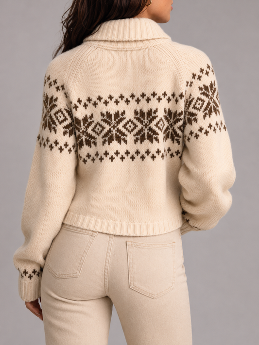 Women's Fair Isle Knit Cardigan with Zip Front and Stand Collar
