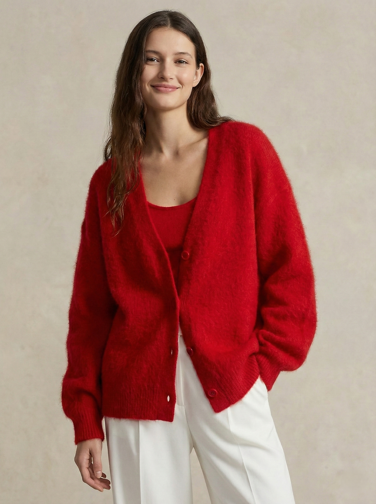 Women's Oversized Brushed Knit Cardigan with V-Neck Buttons