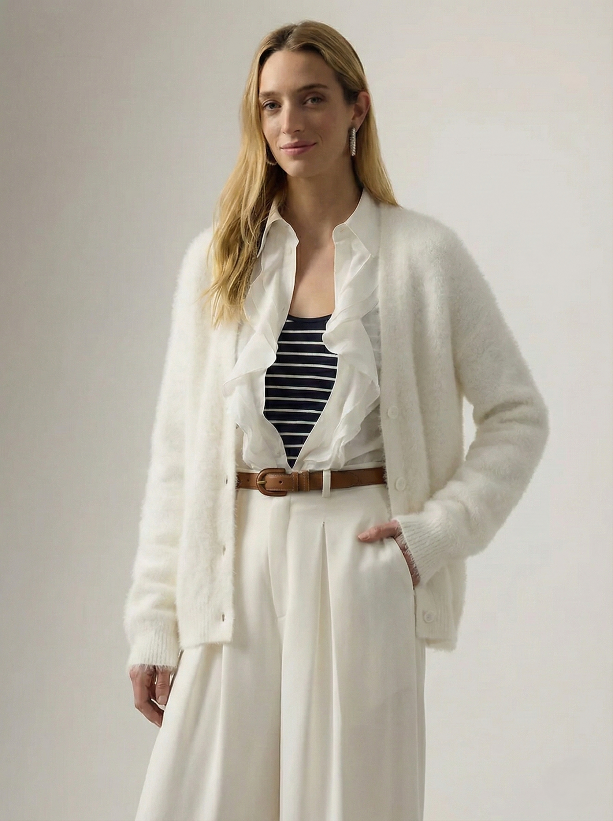 Women's Oversized Brushed Knit Cardigan with V-Neck Buttons