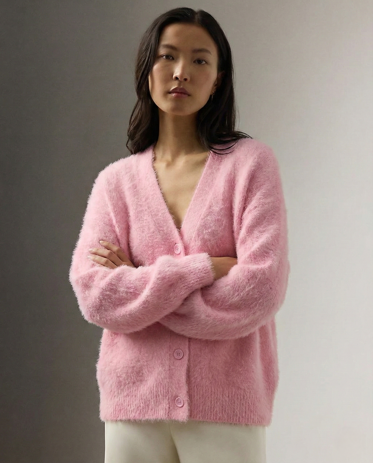 Women's Oversized Brushed Knit Cardigan with V-Neck Buttons