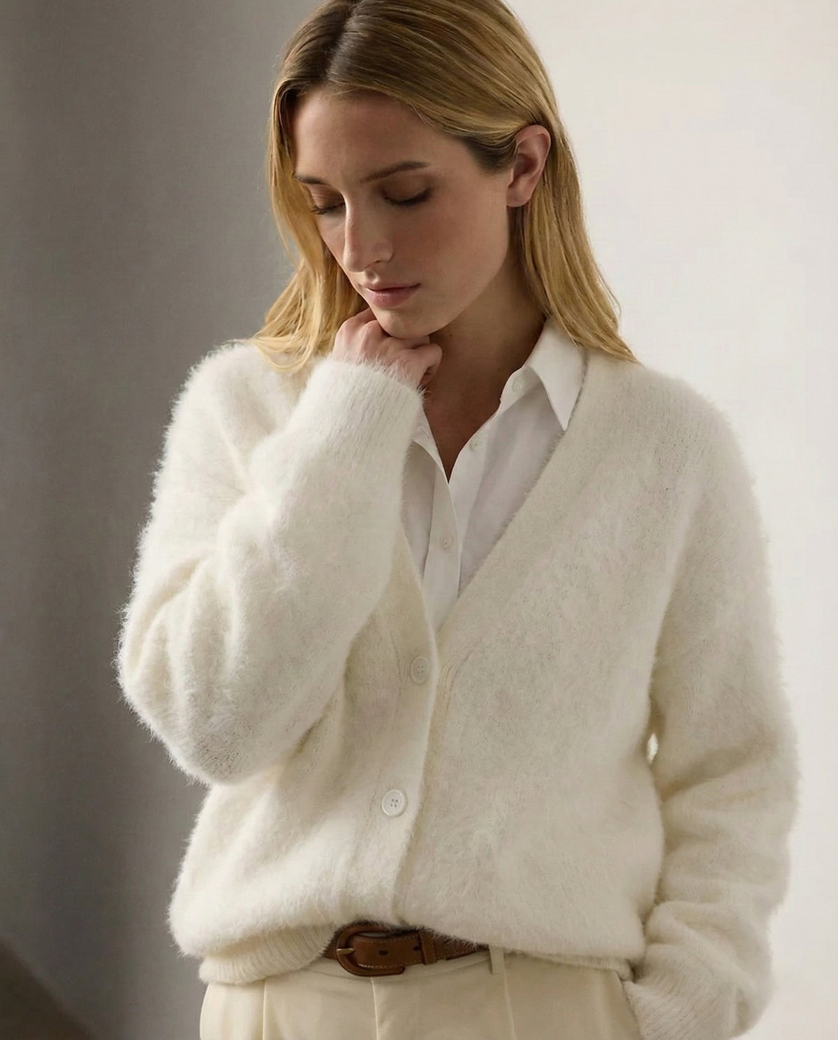 Women's Oversized Brushed Knit Cardigan with V-Neck Buttons