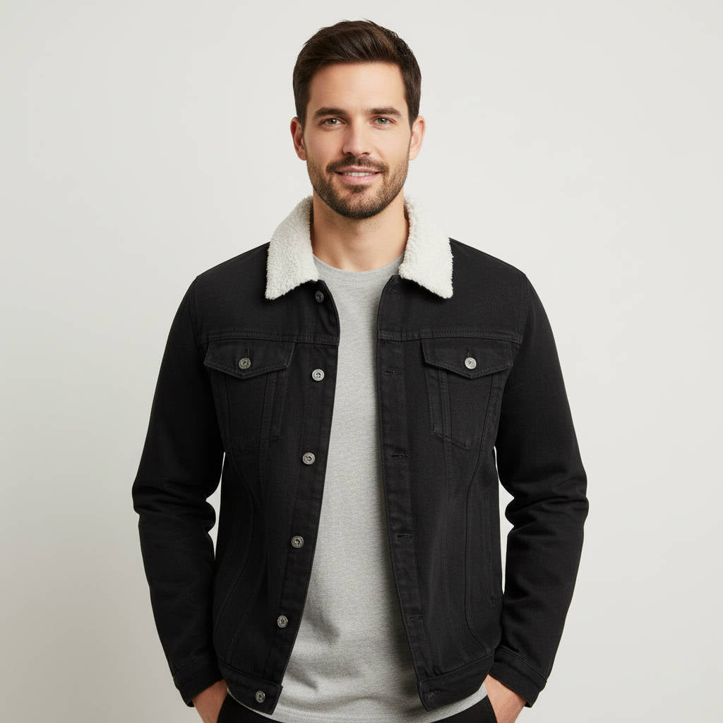 Herren-Jeansjacke mit Fleecefutter und Sherpa-Kragen - Warmes Wintermodell