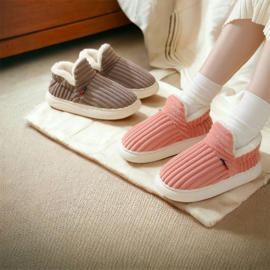 Women's Plush Slippers with Corduroy Upper and Non-Slip Sole