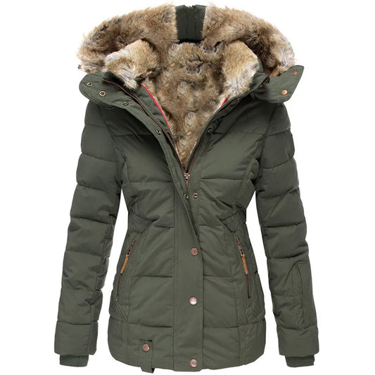 Manteau d’hiver pour femme avec capuche en fourrure et coupe ajustée à la taille