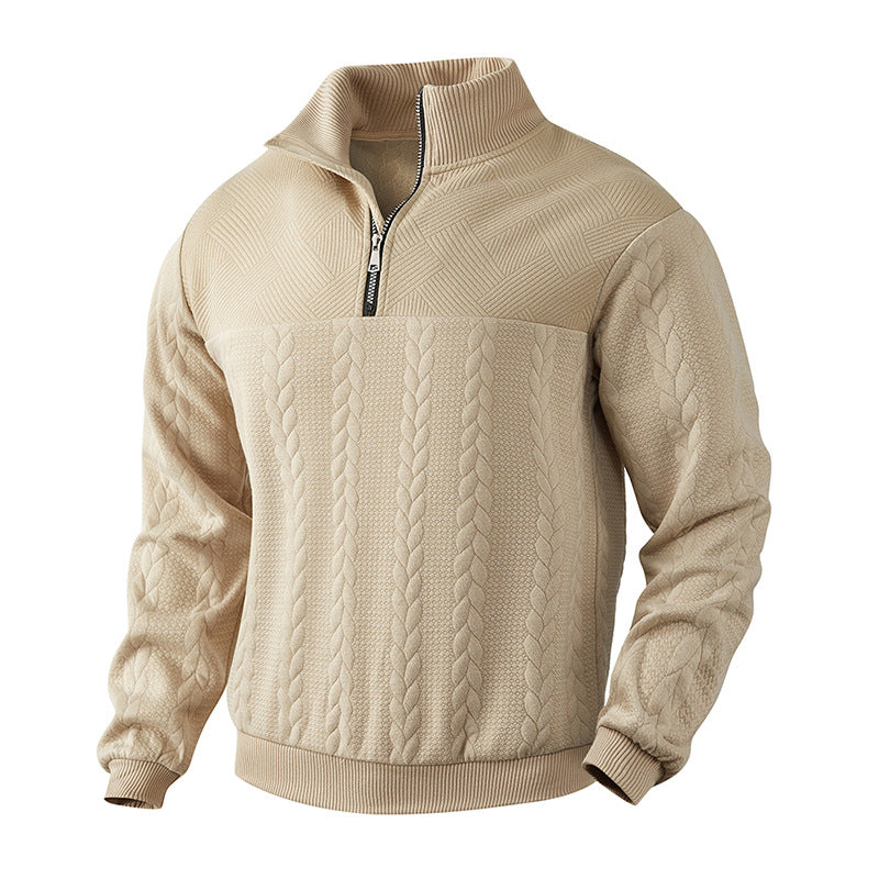 Sweater til mænd i uldblanding med kvart lynlås og kabelstrik