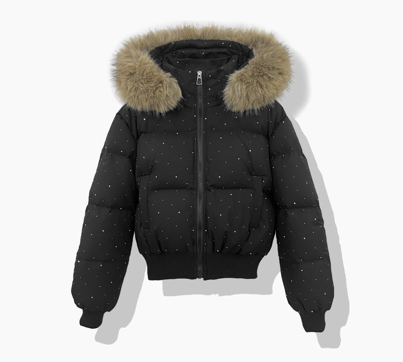 Kurze Damen-Steppjacke mit abnehmbarem Kunstfellbesatz an der Kapuze