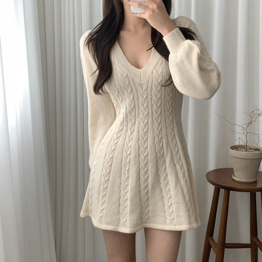 Women's Cable Knit V-Neck Sweater Dress with Long Sleeves