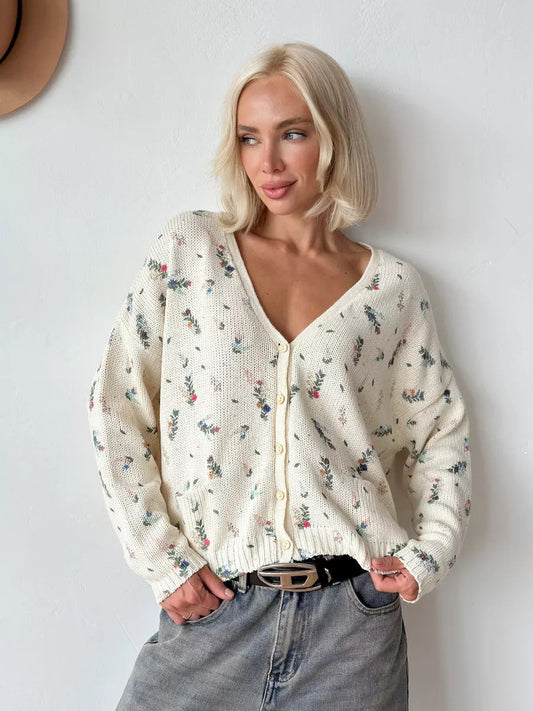 Women's Floral Knit Cardigan with Button Front and V-Neck