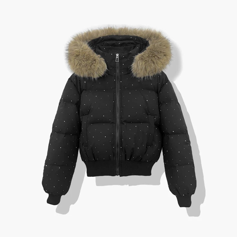Kurze Damen-Steppjacke mit abnehmbarem Kunstfellbesatz an der Kapuze