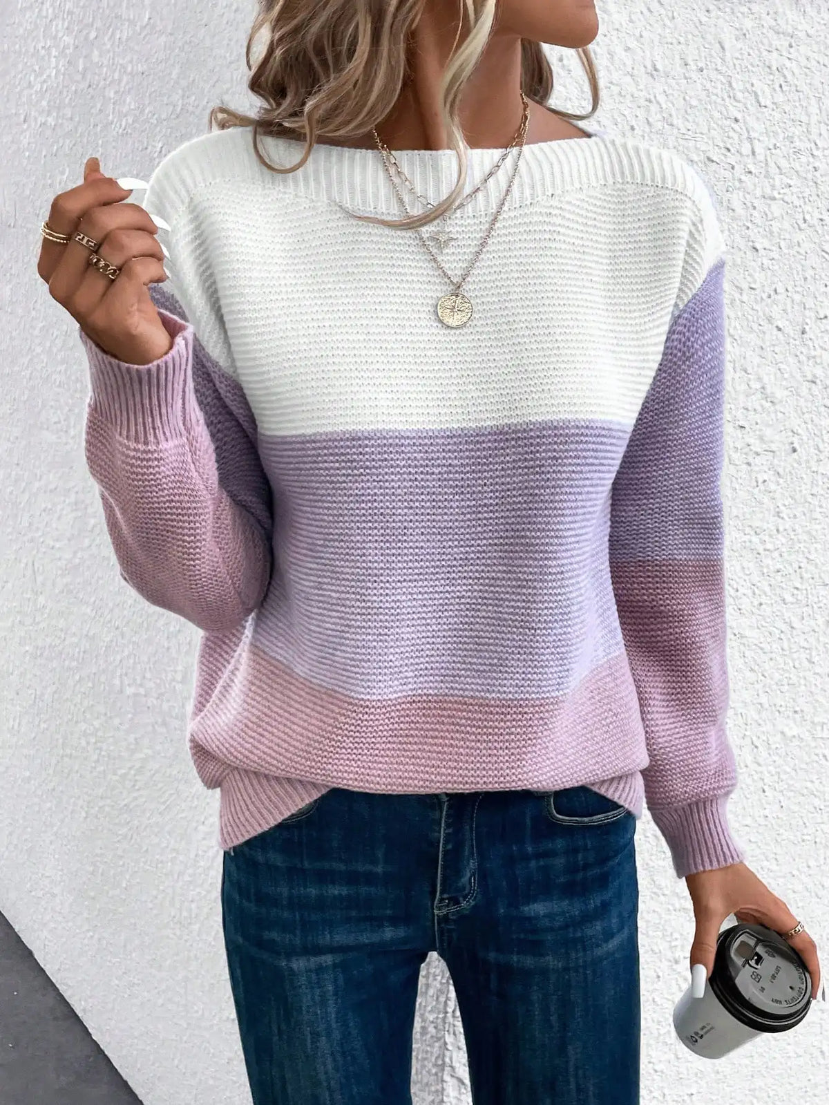 Ombré-Strickpullover für Damen mit lockerem Schnitt und Rundhalsausschnitt