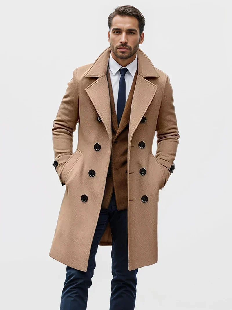 Moderner wattierter Wolltrenchcoat für Herren mit Taschen für den Alltag