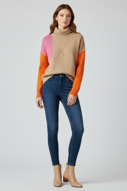 Women's High Collar Knit Sweater with Ribbed Cuffs and Warmth