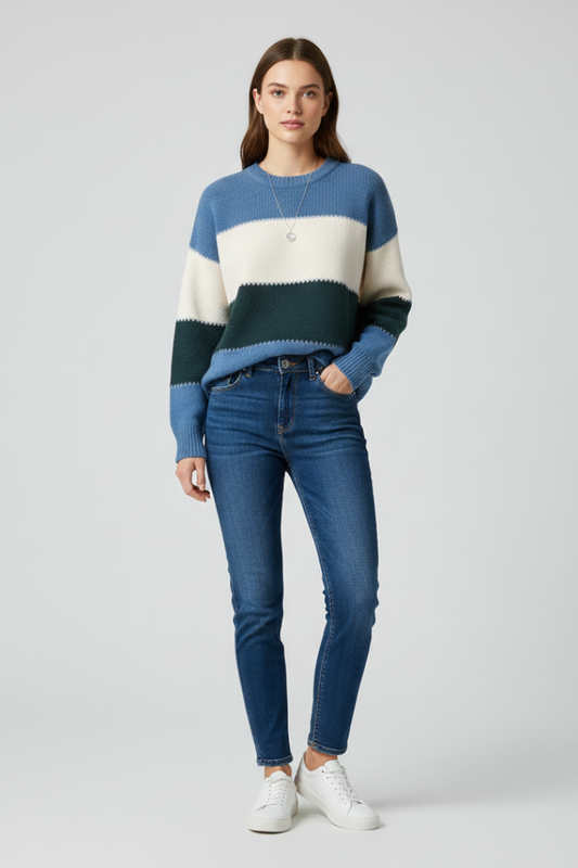 Women's Striped Knit Sweater with Relaxed Fit and Textured Knit