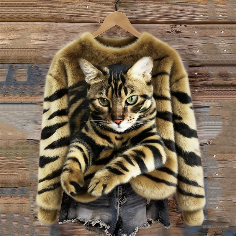 Women's Plush Sweatshirt with Tiger and Kitten Print for Winter