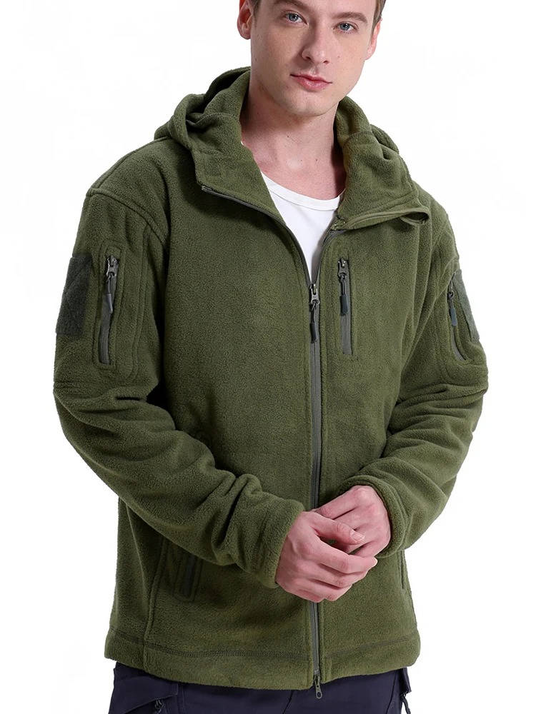 Men's Tactical Fleece Jacket with Hood and Six Zip Pockets