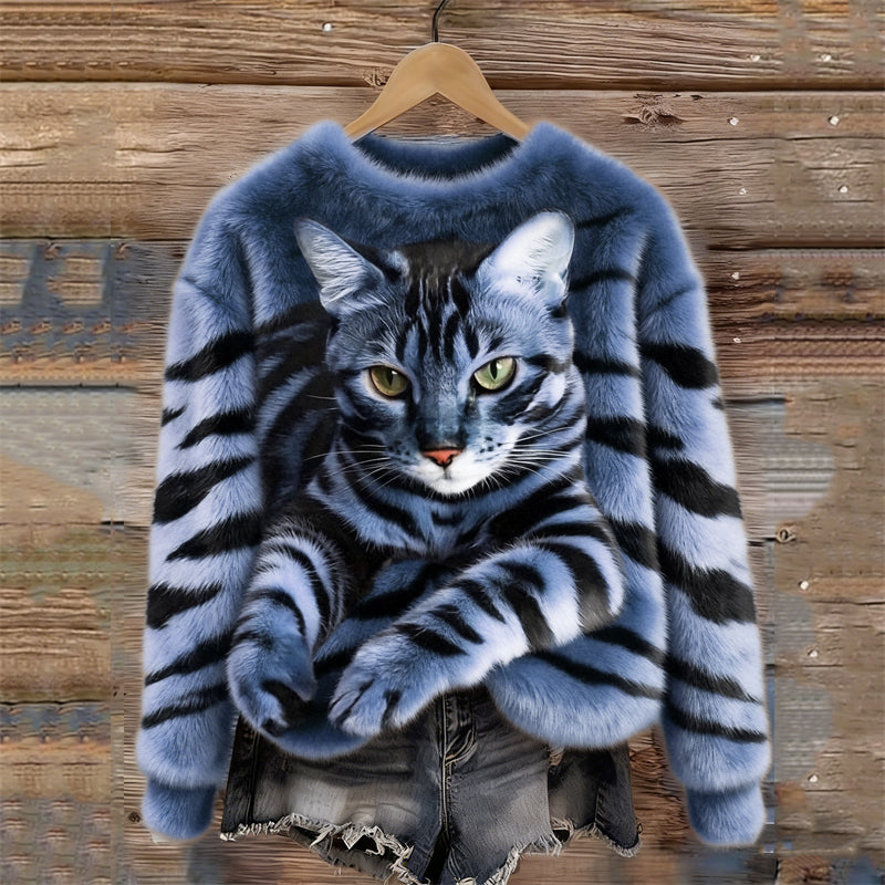 Women's Plush Sweatshirt with Tiger and Kitten Print for Winter