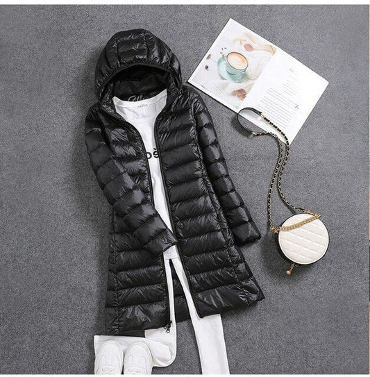 Women's Long Puffer Jacket - Lightweight Packable Winter Coat