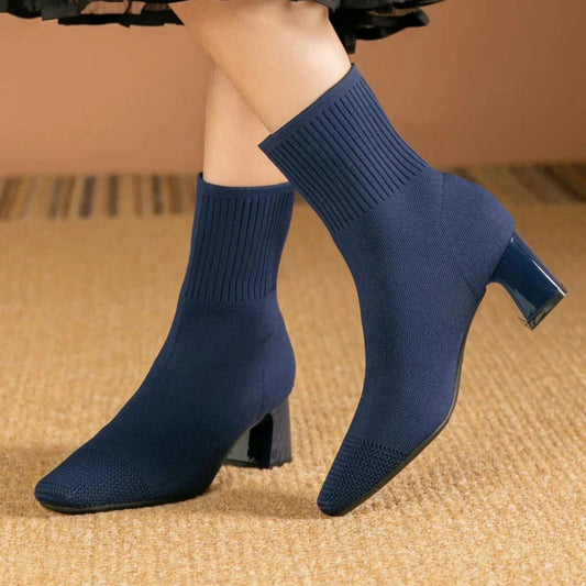 Women's Knit Sock Boots with Square Heel and Slip-On Fit