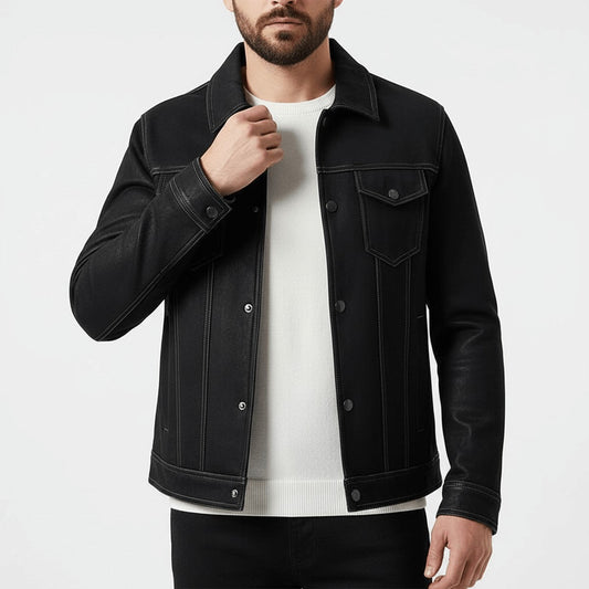 Men's Vintage Suede Bomber Jacket with Point Collar and Chest Pockets