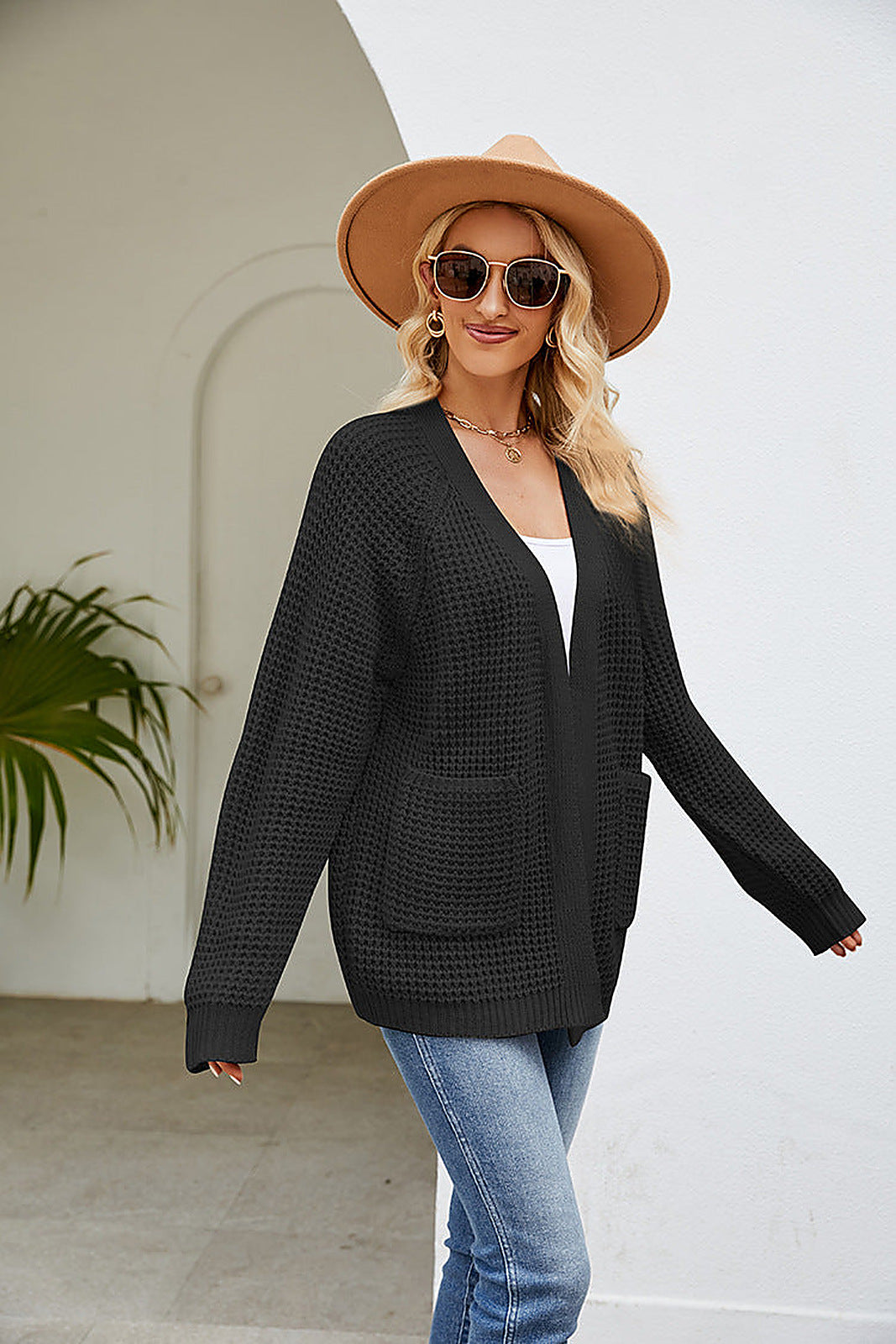 Women's Waffle Knit Cardigan with Open Front and Patch Pockets