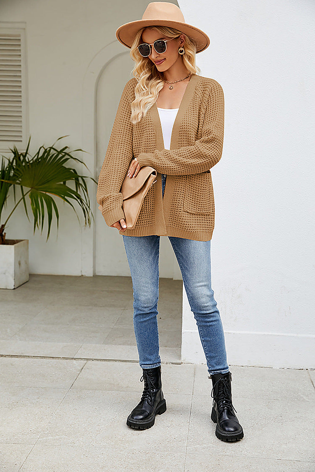 Women's Waffle Knit Cardigan with Open Front and Patch Pockets