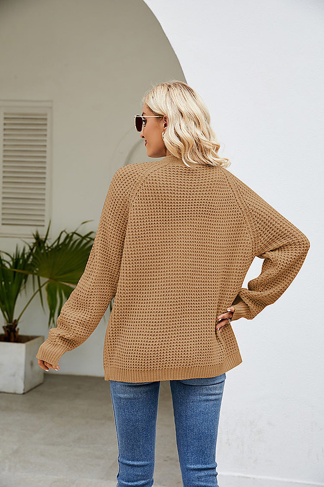 Women's Waffle Knit Cardigan with Open Front and Patch Pockets