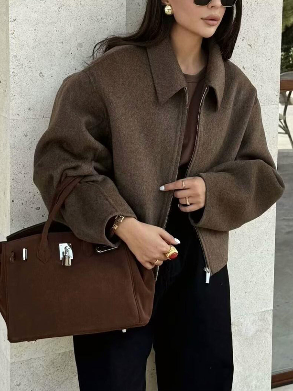 Tweedjacke für Damen mit Reißverschlussfront und langen Ärmeln für den Herbst