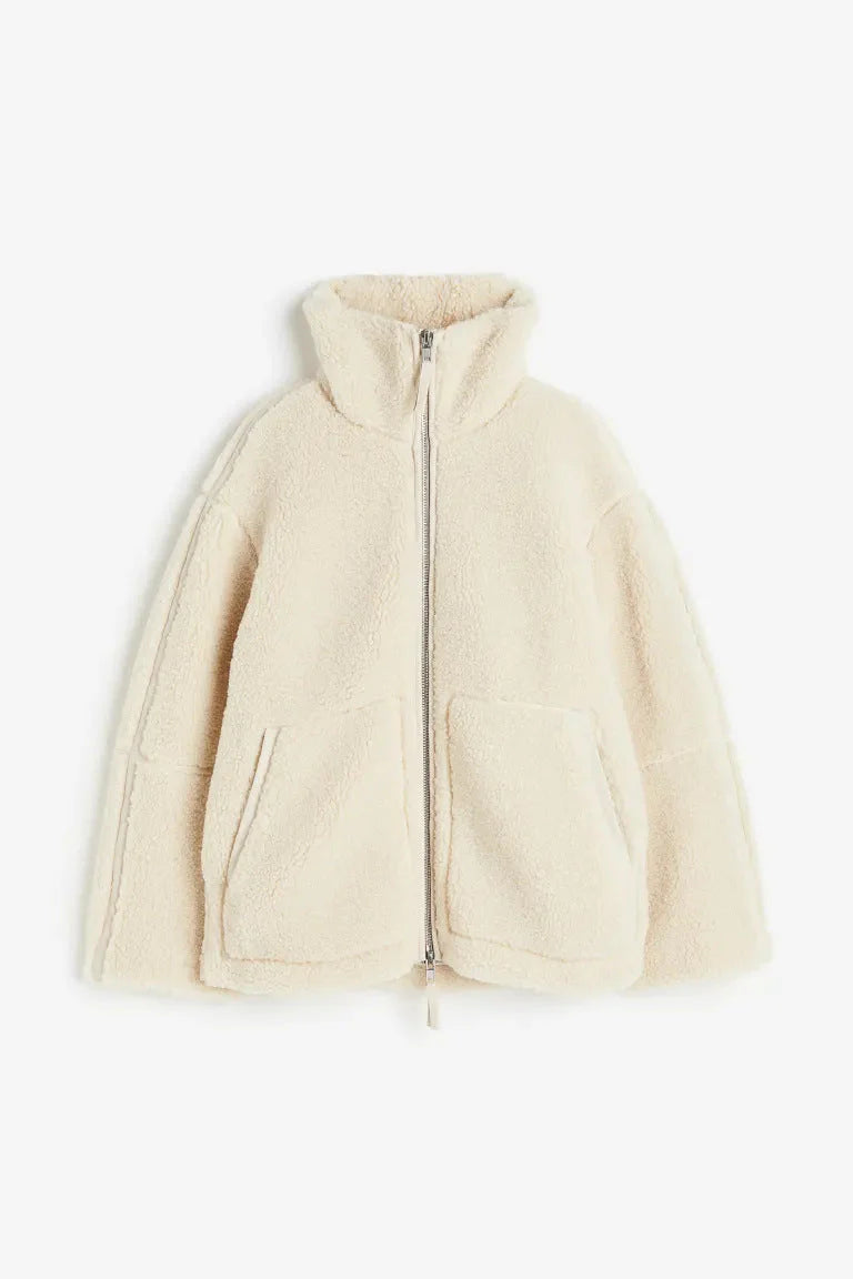 Teddyjacke für Damen in mittlerer Länge mit Stehkragen und Taschen