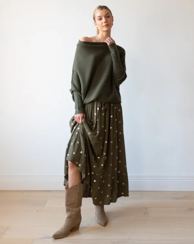 Women's Off-Shoulder Knit Top with Swing Collar | Elegant Style