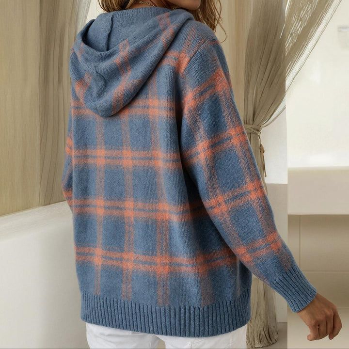 Women's Checkered Blue Button-Up Hoodie