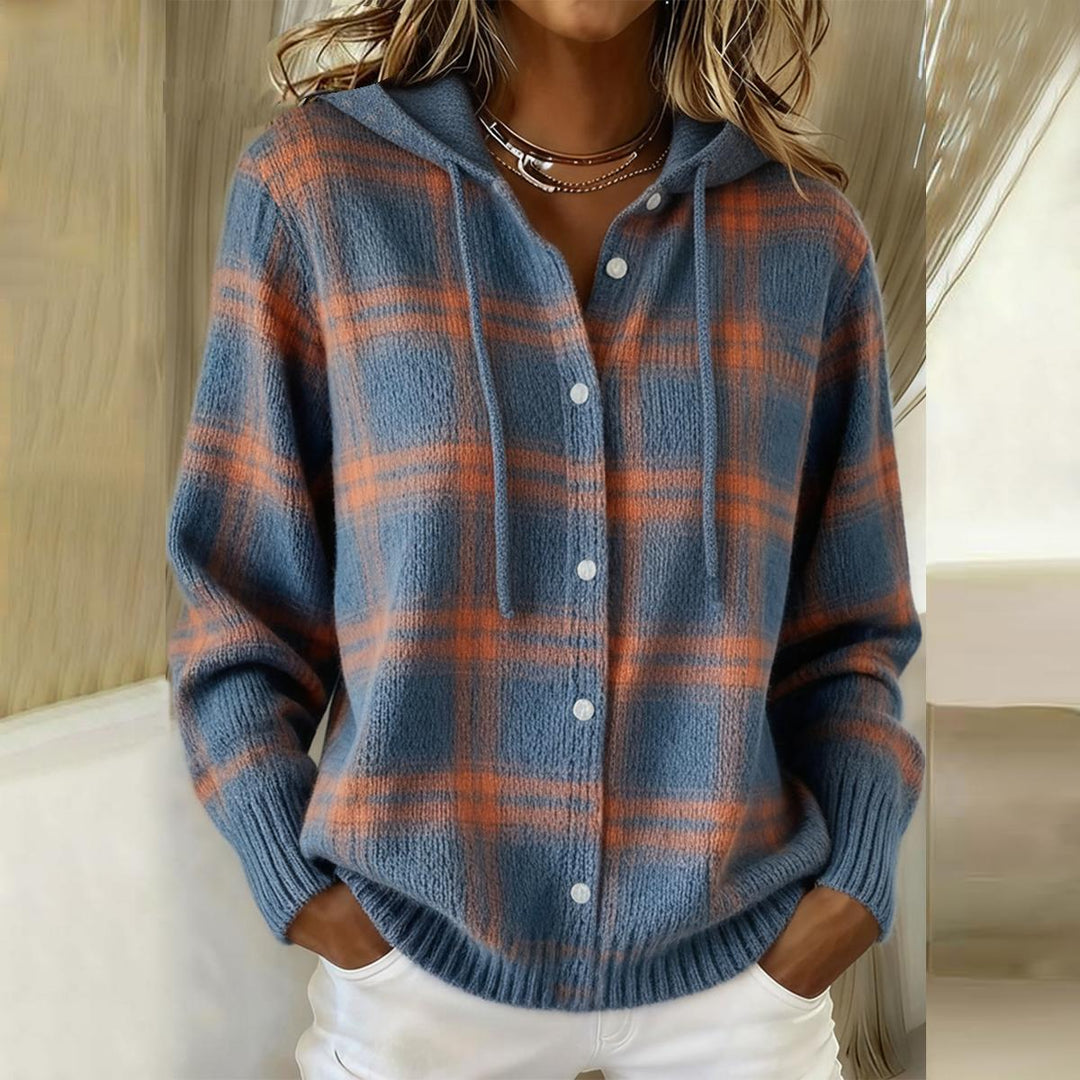 Women's Checkered Blue Button-Up Hoodie
