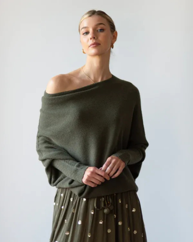 Women's Off-Shoulder Knit Top with Swing Collar | Elegant Style