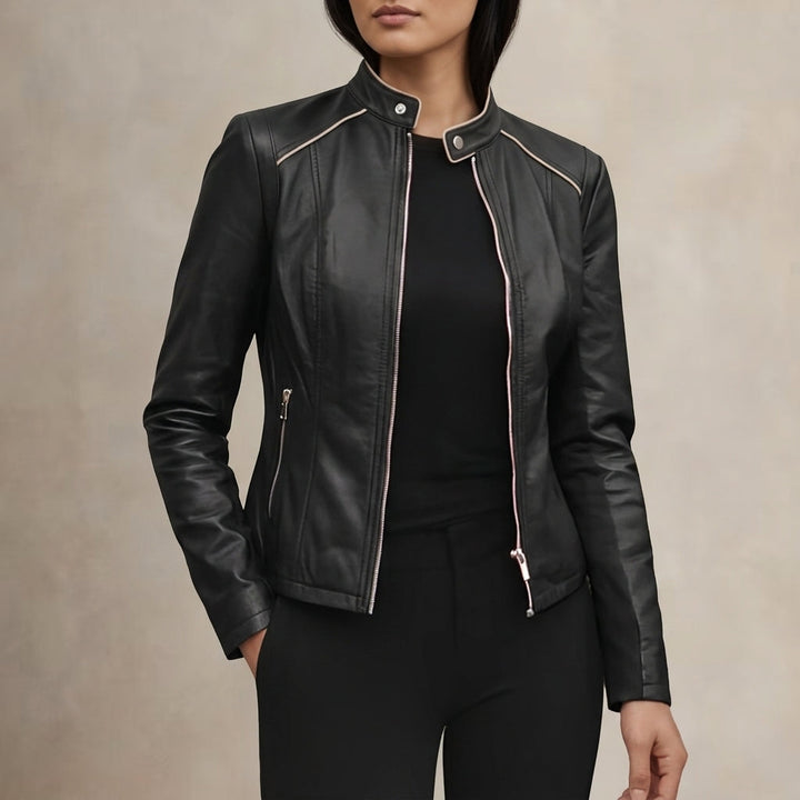 Women's Tailored Leather Jacket with Zipper Closure and Pockets