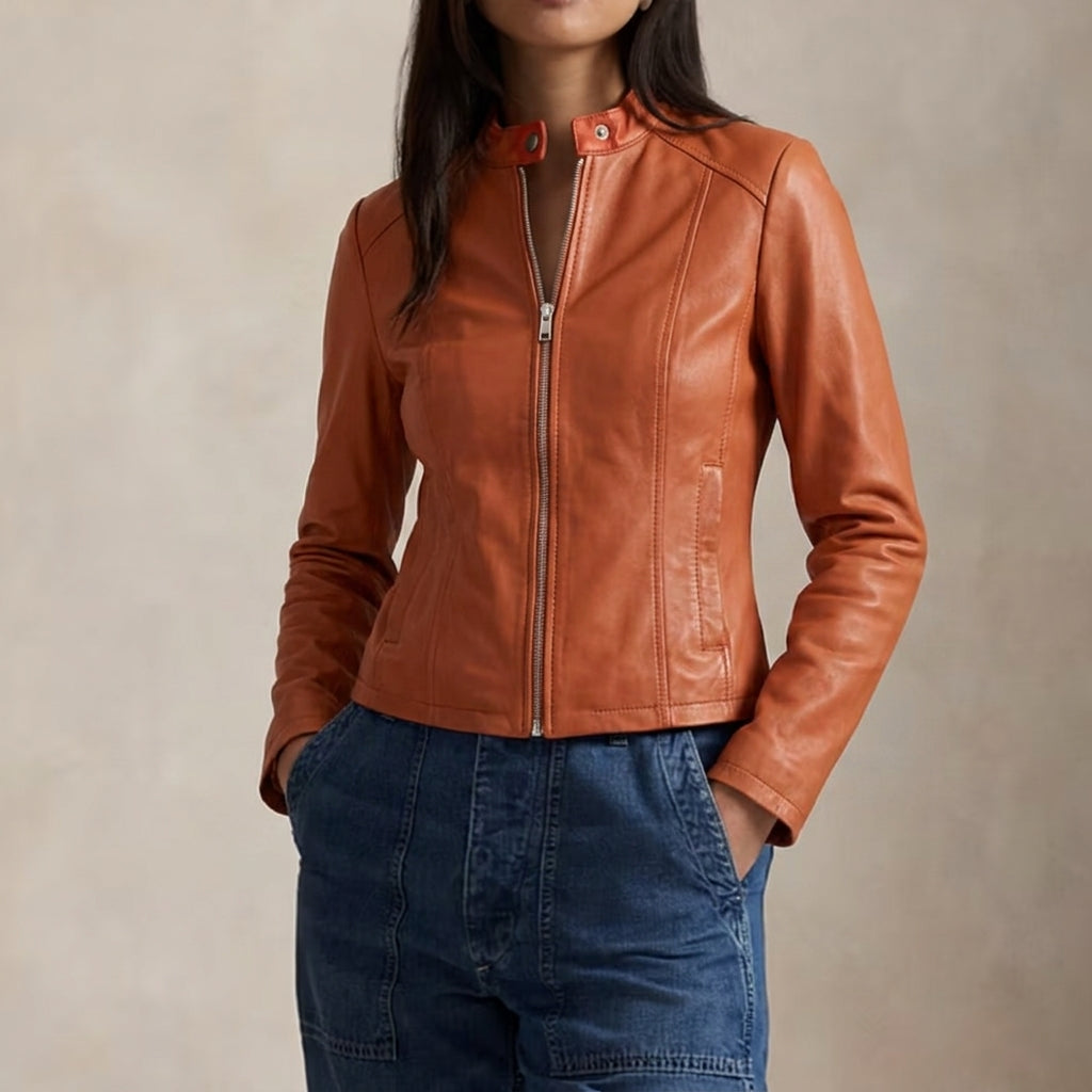 Women's Tailored Leather Jacket with Zipper Closure and Pockets
