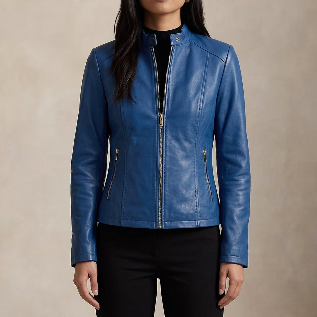 Women's Tailored Leather Jacket with Zipper Closure and Pockets