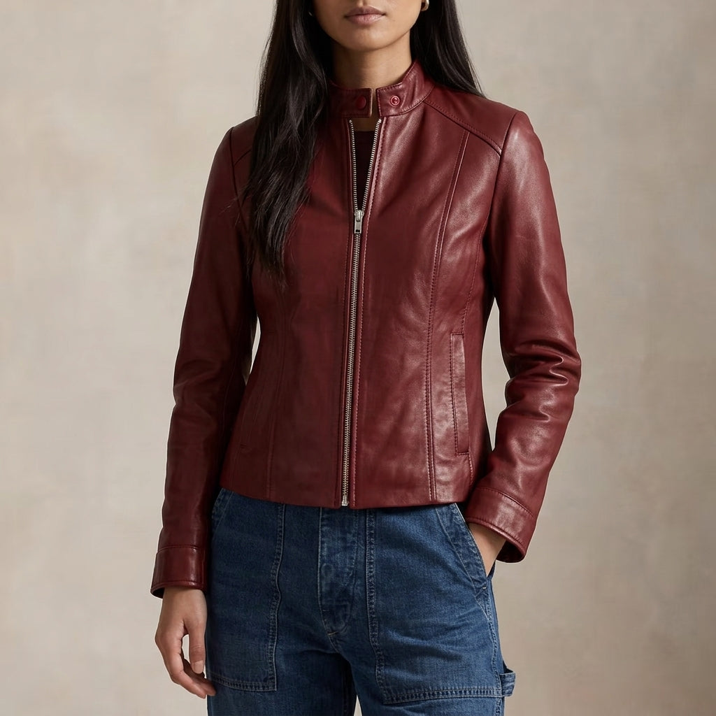 Women's Tailored Leather Jacket with Zipper Closure and Pockets