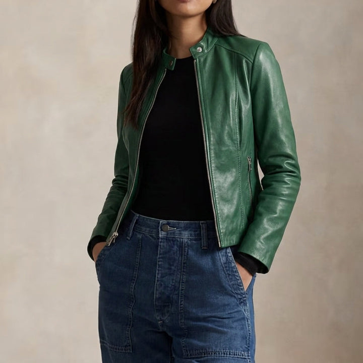Women's Tailored Leather Jacket with Zipper Closure and Pockets
