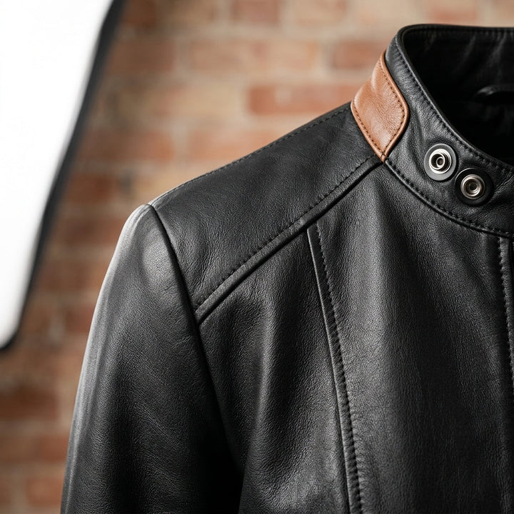 Women's Tailored Leather Jacket with Zipper Closure and Pockets