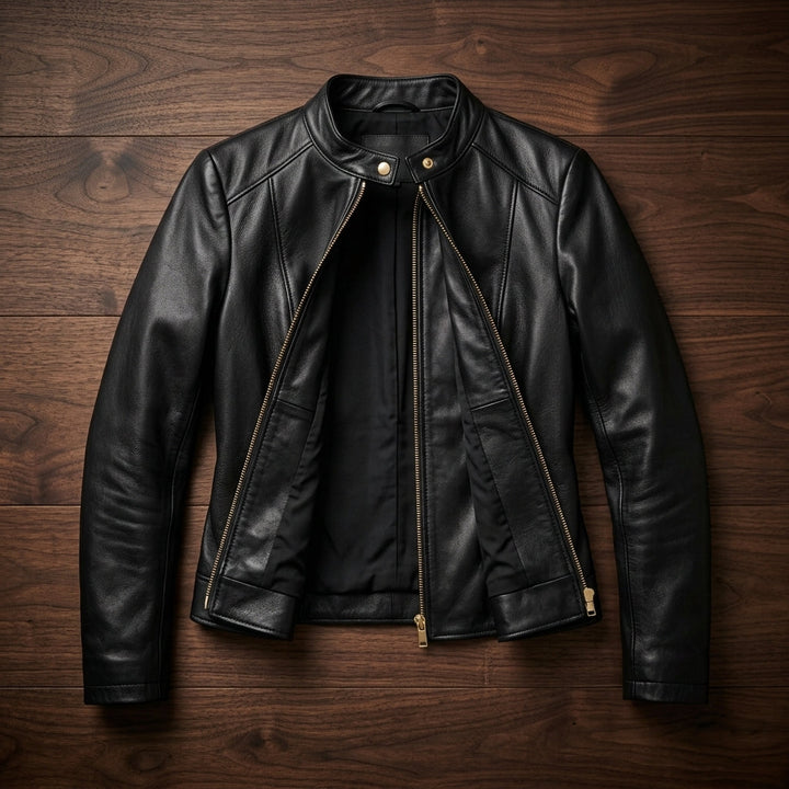 Women's Tailored Leather Jacket with Zipper Closure and Pockets