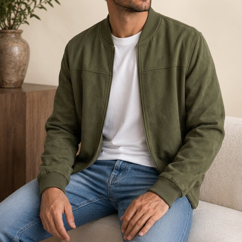 Men's Polyester Blend Bomber Jacket with Ribbed Cuffs and Zipper