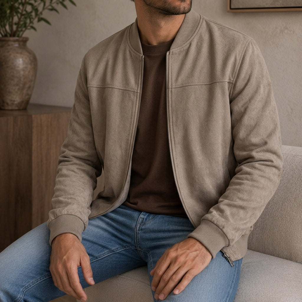 Men's Polyester Blend Bomber Jacket with Ribbed Cuffs and Zipper