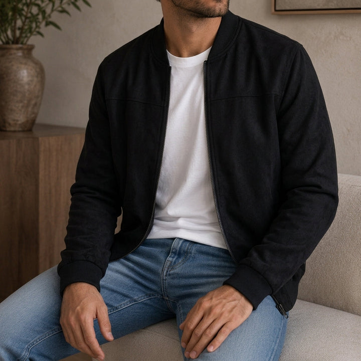 Men's Polyester Blend Bomber Jacket with Ribbed Cuffs and Zipper