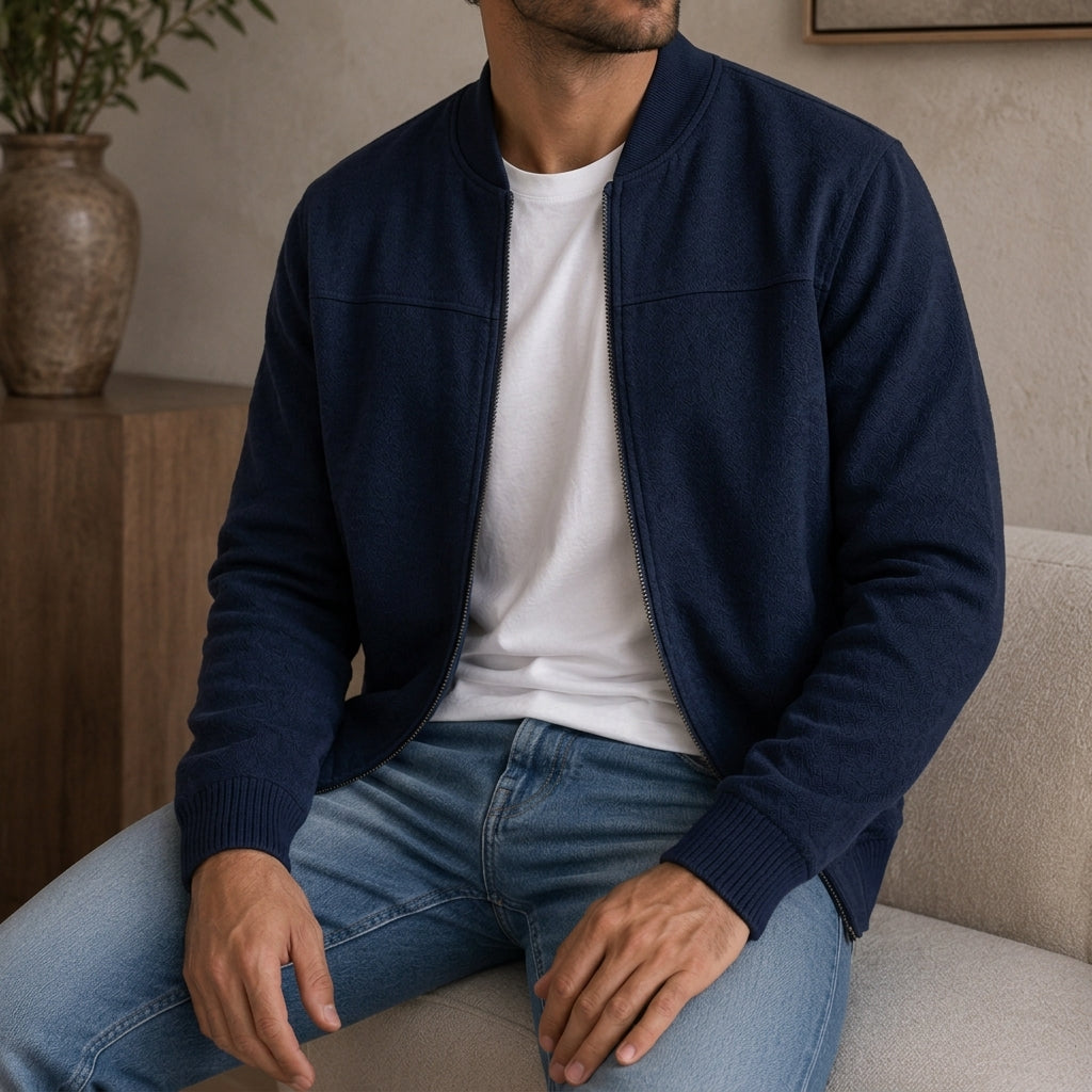 Men's Polyester Blend Bomber Jacket with Ribbed Cuffs and Zipper