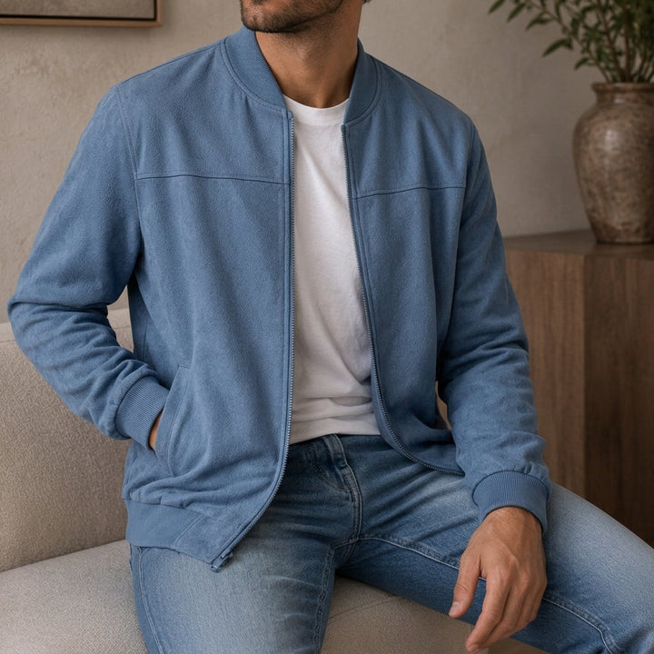 Men's Polyester Blend Bomber Jacket with Ribbed Cuffs and Zipper
