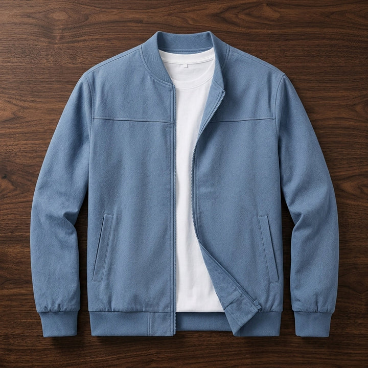 Men's Polyester Blend Bomber Jacket with Ribbed Cuffs and Zipper